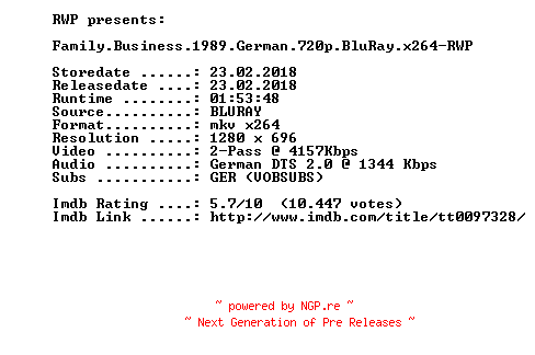 NFO for the release Family.Business.1989.German.720p.BluRay.x264-RWP by RWP