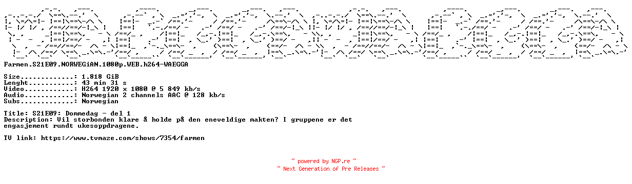 NFO for the release Farmen.S21E09.NORWEGiAN.1080p.WEB.h264-WAEGGA by WAEGGA