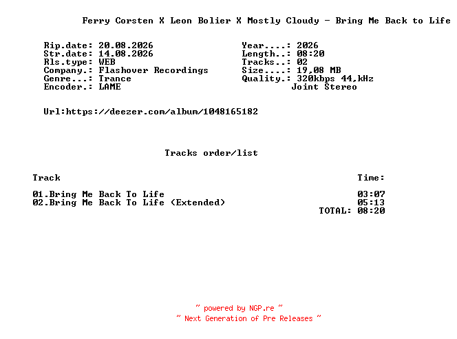 NFO for the release Ferry_Corsten_X_Leon_Bolier_X_Mostly_Cloudy_-_Bring_Me_Back_To_Life-WEB-2026-FMC by FMC