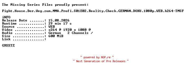 NFO for the release Fight.House.Der.Weg.zum.MMA.Profi.S01E02.Reality.Check.GERMAN.DOKU.1080p.WEB.h264-TMSF by TMSF