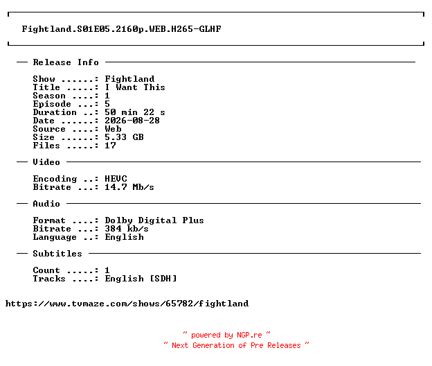 NFO for the release Fightland.S01E05.2160p.WEB.H265-GLHF by GLHF