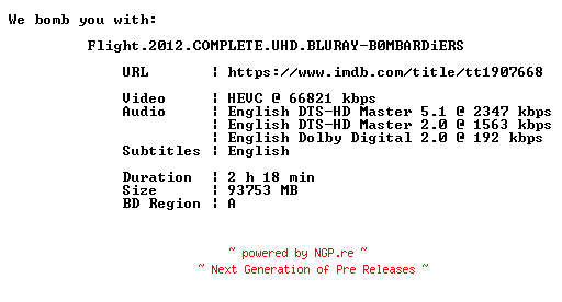 NFO for the release Flight.2012.COMPLETE.UHD.BLURAY-B0MBARDiERS by B0MBARDiERS