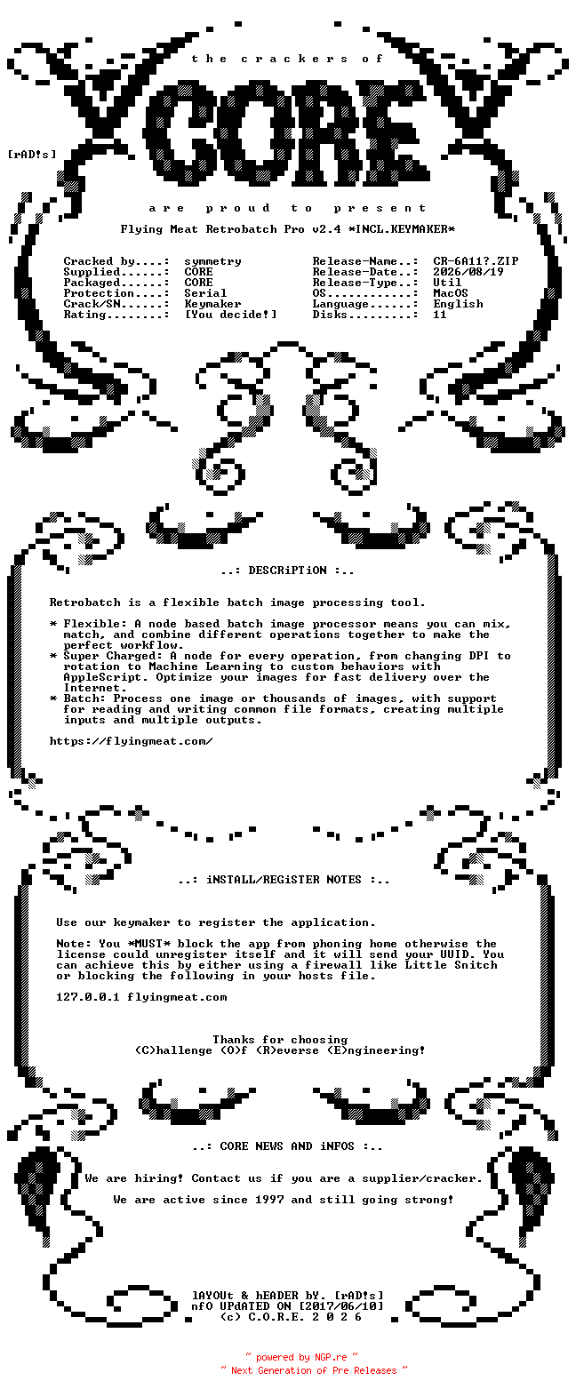 NFO for the release Flying.Meat.Retrobatch.Pro.v2.4.MacOS.UB.Incl.Keymaker-CORE by CORE