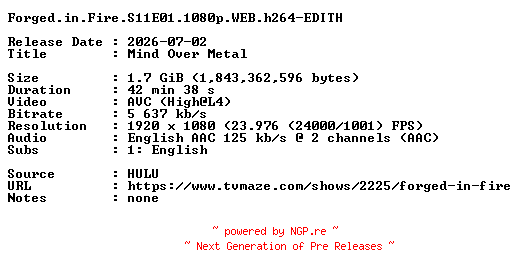 NFO for the release Forged.in.Fire.S11E01.1080p.WEB.h264-EDITH by EDITH