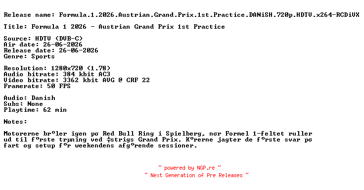 NFO for the release Formula.1.2026.Austrian.Grand.Prix.1st.Practice.DANiSH.720p.HDTV.x264-RCDiVX by RCDiVX