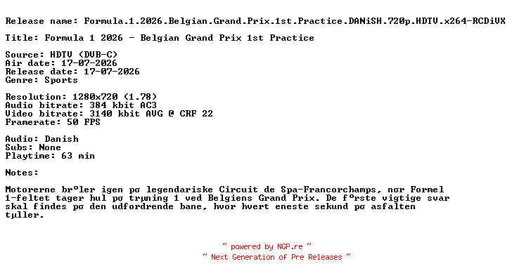 NFO for the release Formula.1.2026.Belgian.Grand.Prix.1st.Practice.DANiSH.720p.HDTV.x264-RCDiVX by RCDiVX