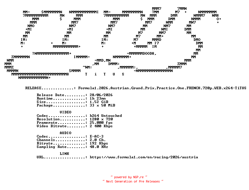 NFO for the release Formula1.2026.Austrian.Grand.Prix.Practice.One.FRENCH.720p.WEB.x264-TiTUS by TiTUS