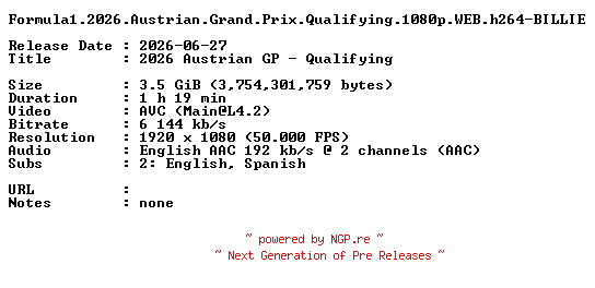 NFO for the release Formula1.2026.Austrian.Grand.Prix.Qualifying.1080p.WEB.h264-BILLIE by BILLIE