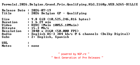 NFO for the release Formula1.2026.Belgian.Grand.Prix.Qualifying.HLG.2160p.WEB.h265-BILLIE by BILLIE