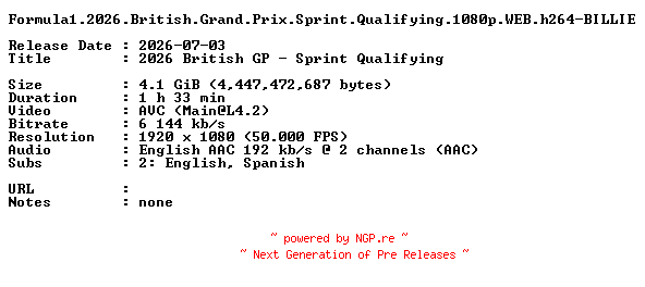 NFO for the release Formula1.2026.British.Grand.Prix.Sprint.Qualifying.1080p.WEB.h264-BILLIE by BILLIE