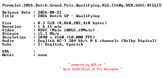 NFO for the release Formula1.2026.Dutch.Grand.Prix.Qualifying.HLG.2160p.WEB.h265-BILLIE by BILLIE