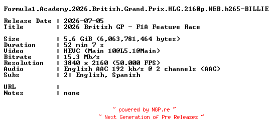 NFO for the release Formula1.Academy.2026.British.Grand.Prix.HLG.2160p.WEB.h265-BILLIE by BILLIE