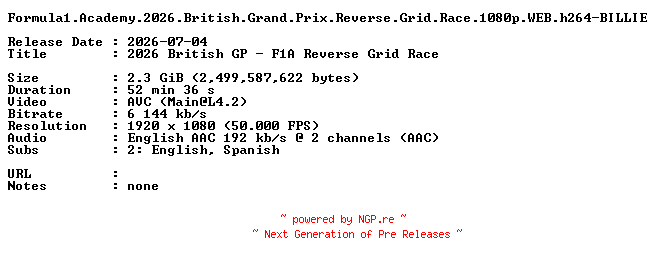 NFO for the release Formula1.Academy.2026.British.Grand.Prix.Reverse.Grid.Race.1080p.WEB.h264-BILLIE by BILLIE