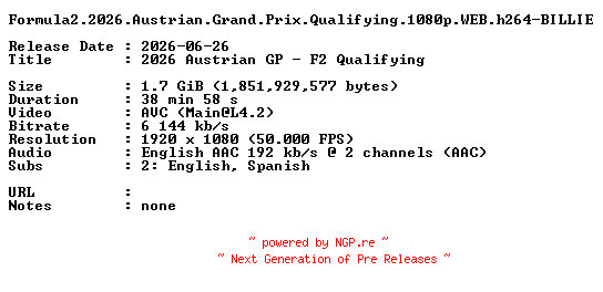 NFO for the release Formula2.2026.Austrian.Grand.Prix.Qualifying.1080p.WEB.h264-BILLIE by BILLIE
