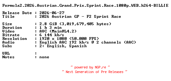 NFO for the release Formula2.2026.Austrian.Grand.Prix.Sprint.Race.1080p.WEB.h264-BILLIE by BILLIE