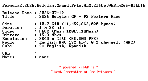 NFO for the release Formula2.2026.Belgian.Grand.Prix.HLG.2160p.WEB.h265-BILLIE by BILLIE