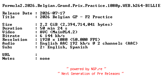 NFO for the release Formula2.2026.Belgian.Grand.Prix.Practice.1080p.WEB.h264-BILLIE by BILLIE