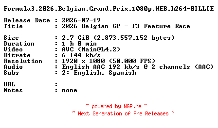 NFO for the release Formula3.2026.Belgian.Grand.Prix.1080p.WEB.h264-BILLIE by BILLIE