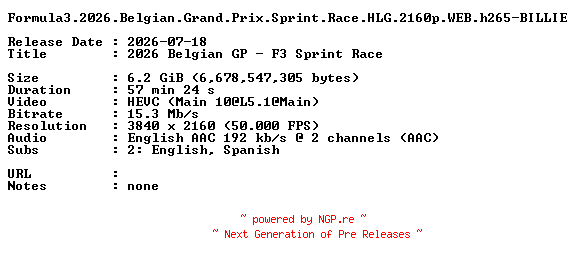NFO for the release Formula3.2026.Belgian.Grand.Prix.Sprint.Race.HLG.2160p.WEB.h265-BILLIE by BILLIE