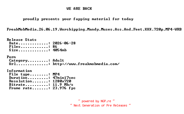 NFO for the release FreakMobMedia.26.06.19.Worshipping.Mandy.Muses.Ass.And.Feet.XXX.720p.MP4-WRB by WRB