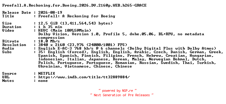NFO for the release Freefall.A.Reckoning.for.Boeing.2026.DV.2160p.WEB.h265-GRACE by GRACE