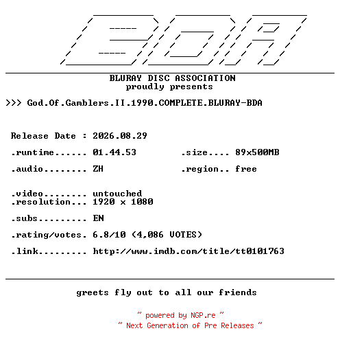 NFO for the release God.Of.Gamblers.II.1990.COMPLETE.BLURAY-BDA by BDA
