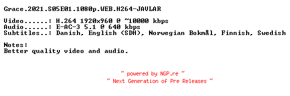 NFO for the release Grace.2021.S05E01.iNTERNAL.1080p.WEB.H264-JAVLAR by JAVLAR
