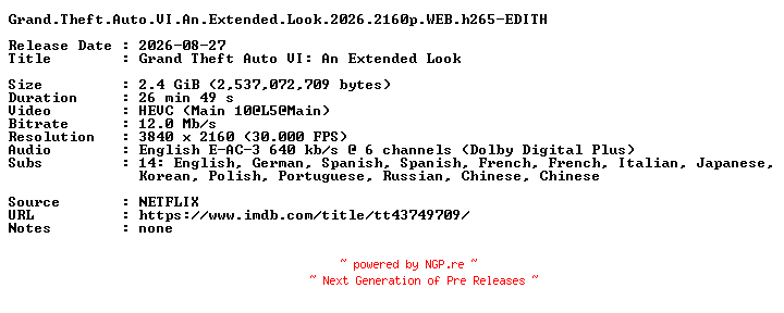 NFO for the release Grand.Theft.Auto.VI.An.Extended.Look.2026.2160p.WEB.h265-EDITH by EDITH