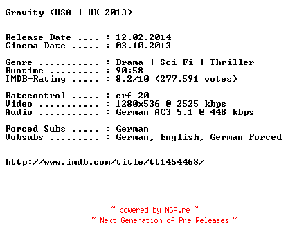 NFO for the release Gravity.German.720p.BluRay.x264-EXQUiSiTE by EXQUiSiTE