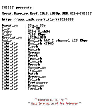 NFO for the release Great.Barrier.Reef.2018.1080p.WEB.H264-SHIIIT by SHIIIT