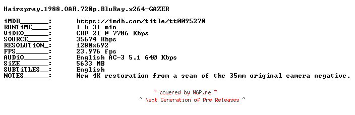 NFO for the release Hairspray.1988.OAR.720p.BluRay.x264-GAZER by GAZER