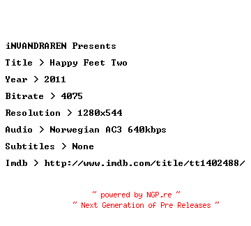 NFO for the release Happy.Feet.Two.2011.NORWEGIAN.720p.BluRay.x264-iNVANDRAREN by iNVANDRAREN