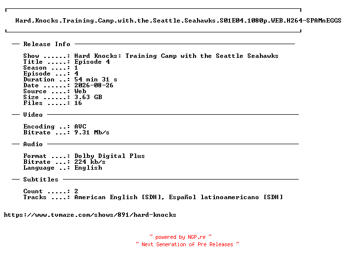 NFO for the release Hard.Knocks.Training.Camp.with.the.Seattle.Seahawks.S01E04.1080p.WEB.H264-SPAMnEGGS by SPAMnEGGS