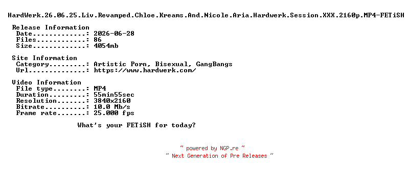 NFO for the release HardWerk.26.06.25.Liv.Revamped.Chloe.Kreams.And.Nicole.Aria.Hardwerk.Session.XXX.2160p.MP4-FETiSH by FETiSH