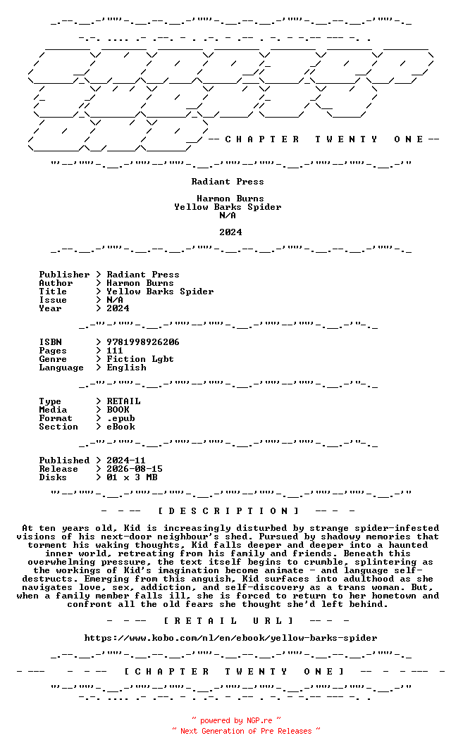 NFO for the release Harmon.Burns.-.Yellow.Barks.Spider.2024.RETAIL.EPUB.eBook-CTO by CTO