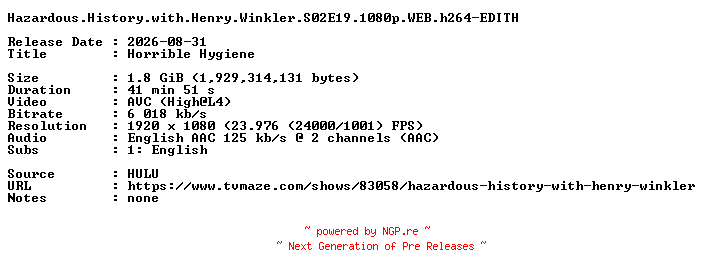 NFO for the release Hazardous.History.with.Henry.Winkler.S02E19.1080p.WEB.h264-EDITH by EDITH
