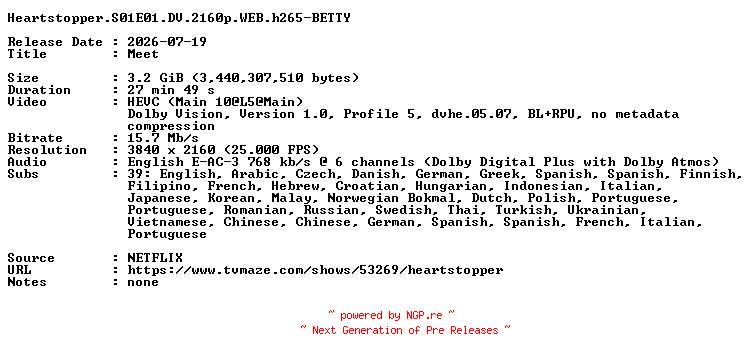 NFO for the release Heartstopper.S01E01.DV.2160p.WEB.h265-BETTY by BETTY