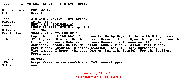 NFO for the release Heartstopper.S01E04.HDR.2160p.WEB.h265-BETTY by BETTY