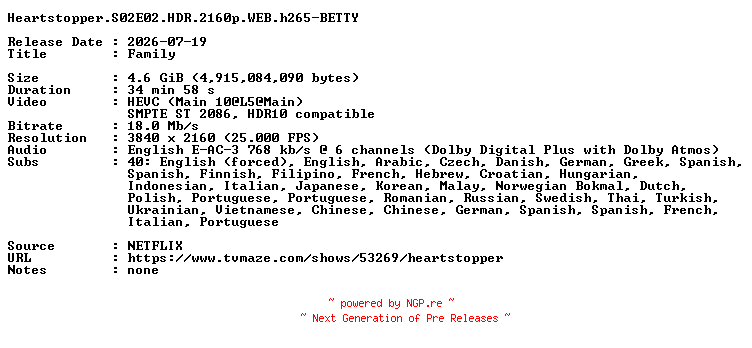 NFO for the release Heartstopper.S02E02.HDR.2160p.WEB.h265-BETTY by BETTY