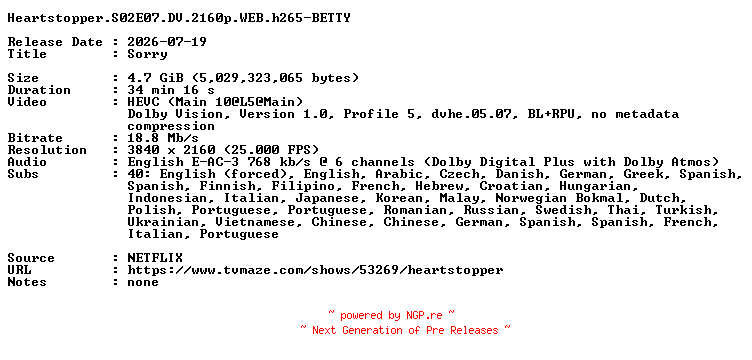 NFO for the release Heartstopper.S02E07.DV.2160p.WEB.h265-BETTY by BETTY