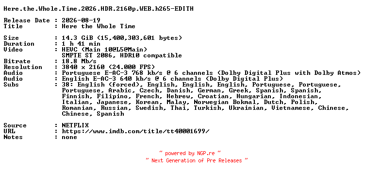 NFO for the release Here.the.Whole.Time.2026.HDR.2160p.WEB.h265-EDITH by EDITH