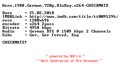 NFO for the release Hero.1988.German.720p.BluRay.x264-CHECKMATE by CHECKMATE