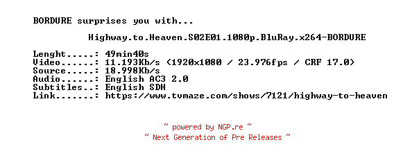 NFO for the release Highway.to.Heaven.S02E01.1080p.BluRay.x264-BORDURE by BORDURE