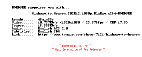 NFO for the release Highway.to.Heaven.S02E12.1080p.BluRay.x264-BORDURE by BORDURE