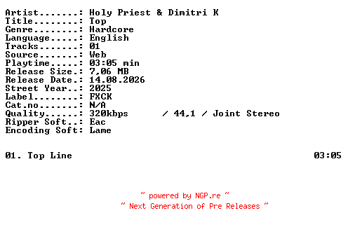 NFO for the release Holy_Priest_and_Dimitri_K-Top-SINGLE-WEB-2025-XTC_iNT by XTC_iNT