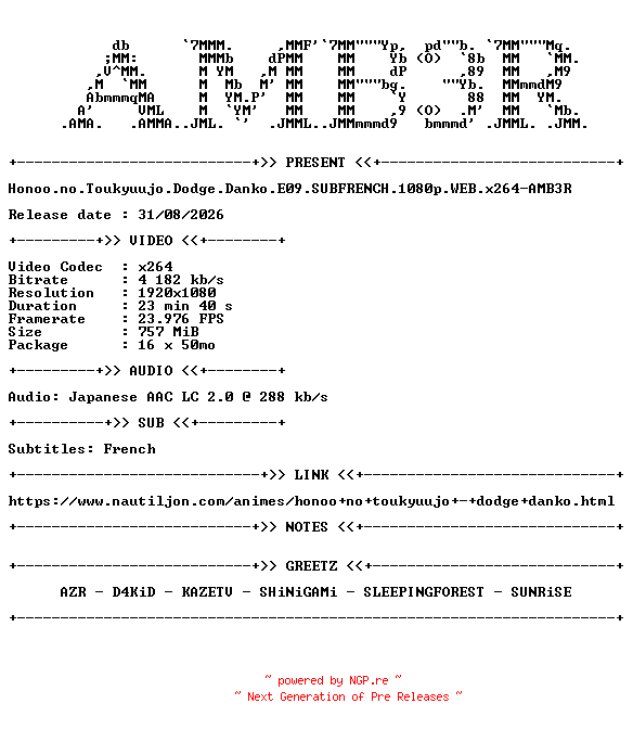 NFO for the release Honoo.no.Toukyuujo.Dodge.Danko.E09.SUBFRENCH.1080p.WEB.x264-AMB3R by AMB3R