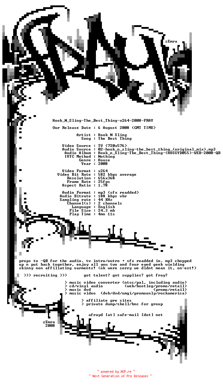 NFO for the release Hook_N_Sling-The_Best_Thing-x264-2008-FRAY by FRAY