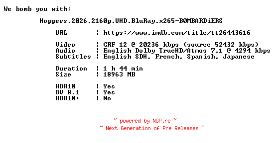 NFO for the release Hoppers.2026.2160p.UHD.BluRay.x265-B0MBARDiERS by B0MBARDiERS