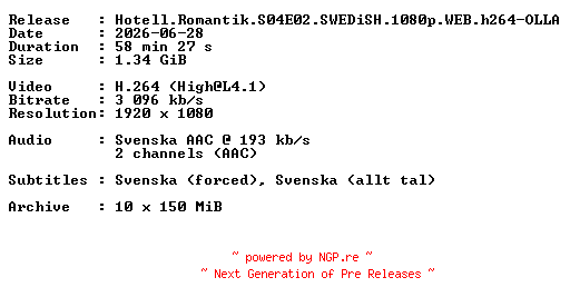 NFO for the release Hotell.Romantik.S04E02.SWEDiSH.1080p.WEB.h264-OLLA by OLLA