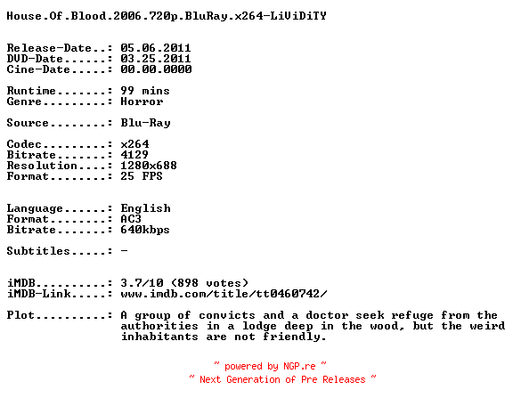 NFO for the release House.Of.Blood.2006.720p.BluRay.x264-LiViDiTY by LiViDiTY